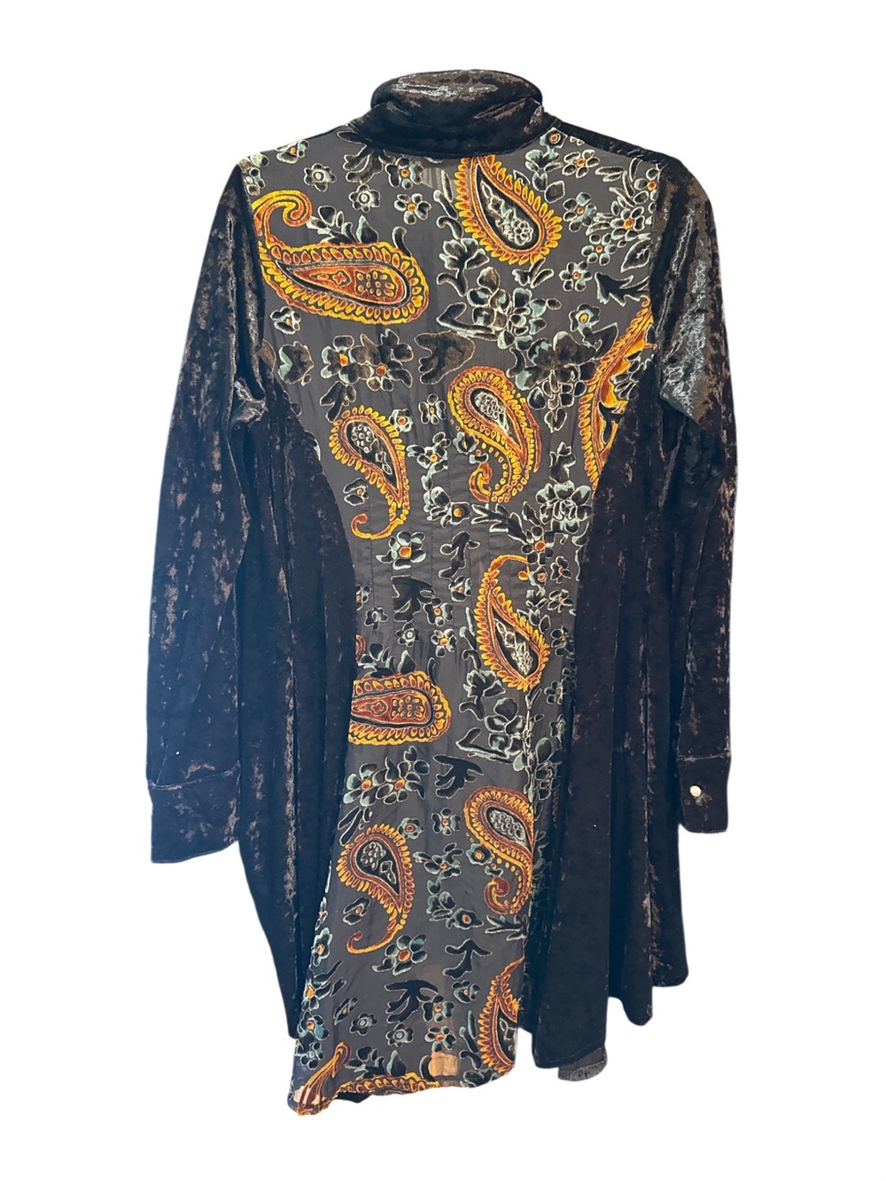 Anthropologie Black Velvet Tunic with Mustard Paisley Panel